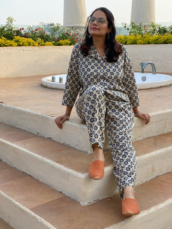 Ivory Blue Floral Motif Hand Block Printed Pjs | Organic Cotton Notched Collared Front Buttoned Pajama Set | Available in both shorts and pants style