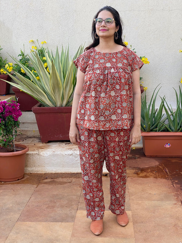 Red Floral Motif Hand Block Printed Organic Cotton Pajama Set | Available in both shorts and pants style