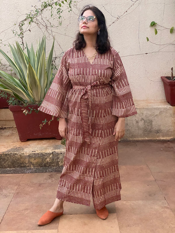 Red Geometric Motif Hand-Block Printed Kimono Robe | Available in both Knee and Ankle Length