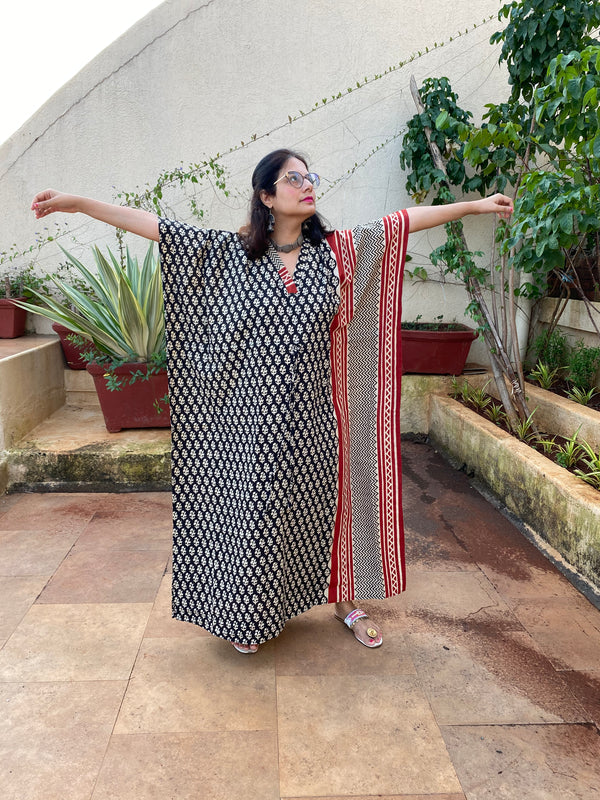 Black Red Bordered Hand Block Printed Caftan with V-Neck, Cinched Waist and Available in both Knee and Ankle Length