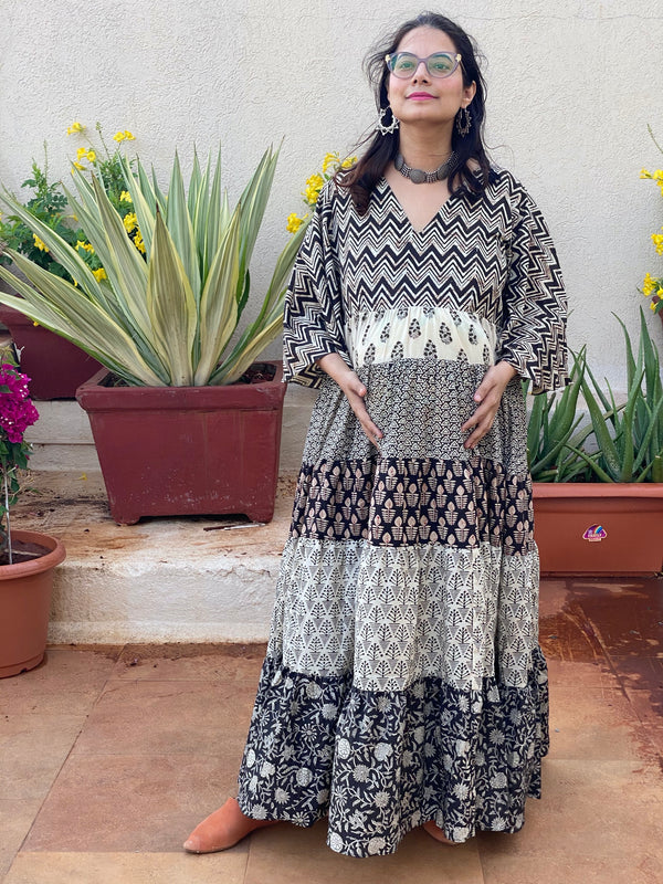 Mixed Patterns Black and Ivory Hand-Block 5-Tier Maternity Dress
