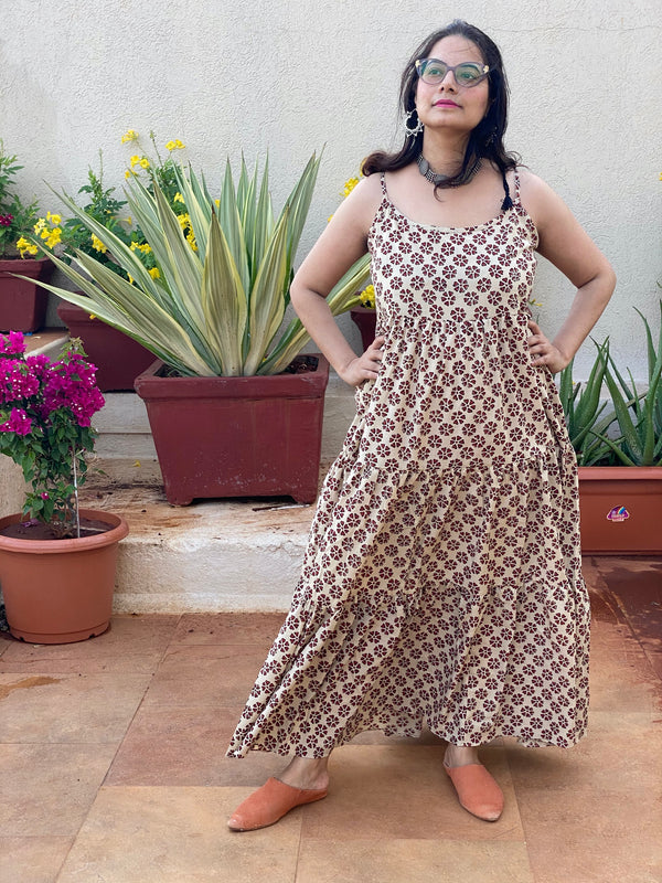 Spaghetti Ivory Red Floral Motif Hand-Block Printed Tiered Dress