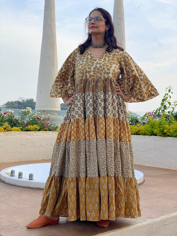 Mustard Gold and Ivory Mix 5 Tiered Dress in Hand-Block Print