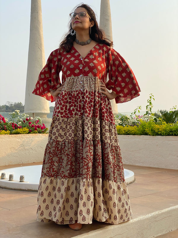 Ivory Red Mixed Hand Block Printed Front Buttoned 5 Tiered Dress