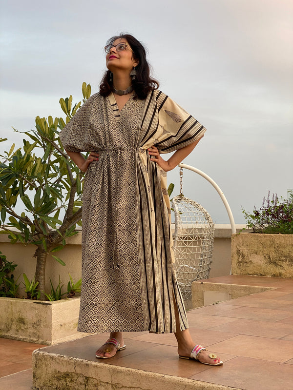Ivory Black Leafy Bordered Hand Block Printed Caftan with V-Neck, Cinched Waist and Available in both Knee and Ankle Length
