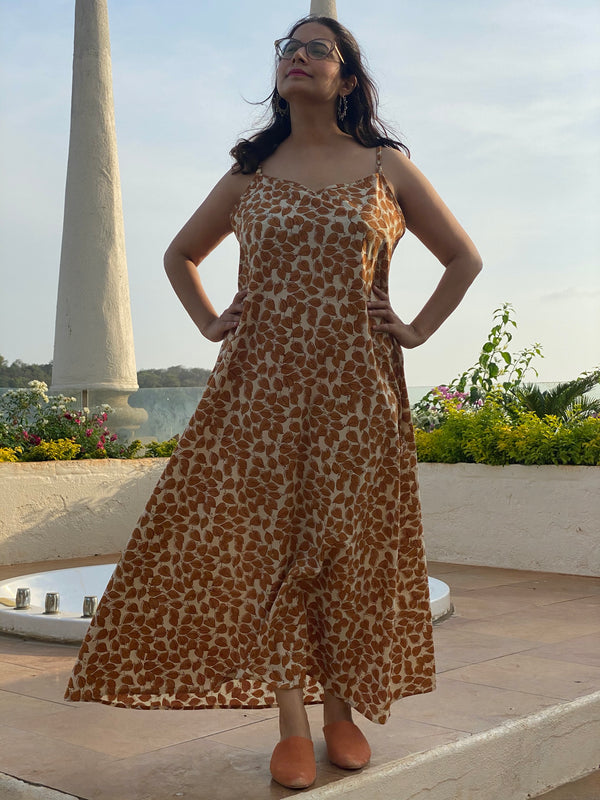 Ivory Mustard Leafy Motif Hand Block Organic Cotton Spaghetti Night gown