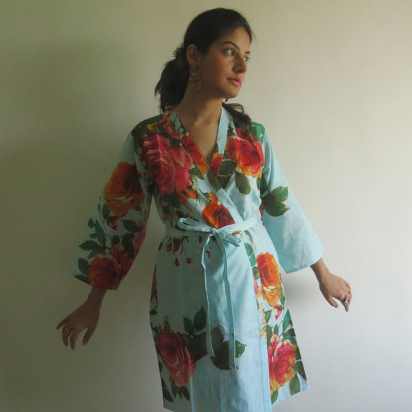 Light Blue Big Floral Knee Length, Kimono Crossover Belted Robe