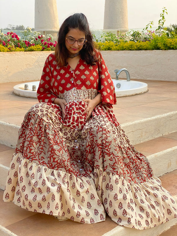 Mixed Patterns Red & Ivory Hand-Block Front Buttoned 5-Tier Maternity Dress