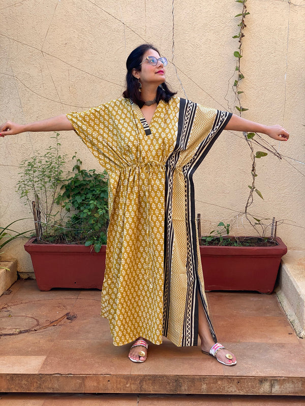 Mustard Black Bordered Hand Block Printed Caftan with V-Neck, Cinched Waist and Available in both Knee and Ankle Length