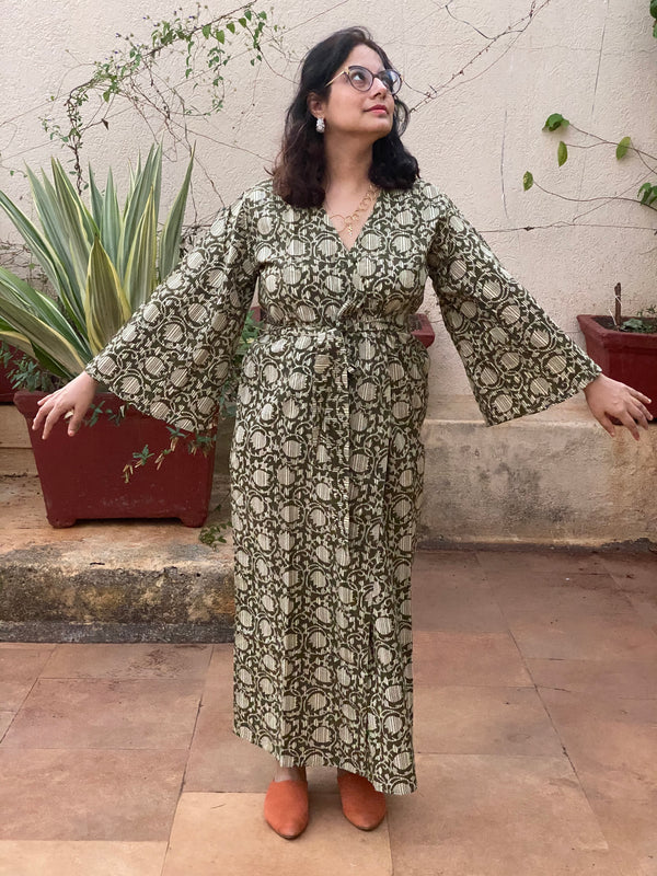Green Floral Motif Geometric Motif Hand Block Printed Kimono Robe | Available in both Knee and Ankle Length