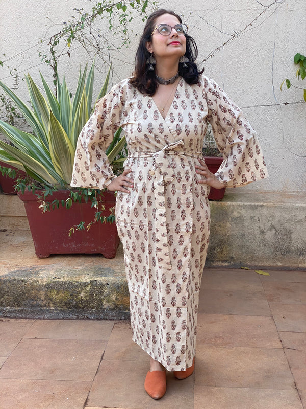 Ivory Red Floral Motif Hand Block Printed Kimono Robe | Available in both Knee and Ankle Length