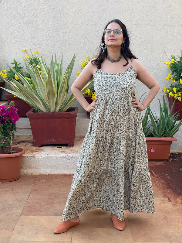 Spaghetti Ivory Green Tiny Leafy Motif Hand-Block Printed Tiered Dress