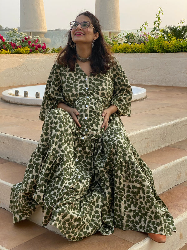 Ivory Green Leafy Motif Hand-Block Tiered Maternity Dress