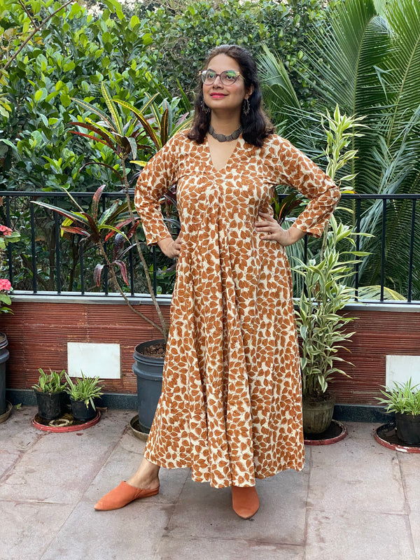 Cream Mustard Leafy Motif Hand-Blocked Free Flow Dress | Available in both Knee and Ankle Length
