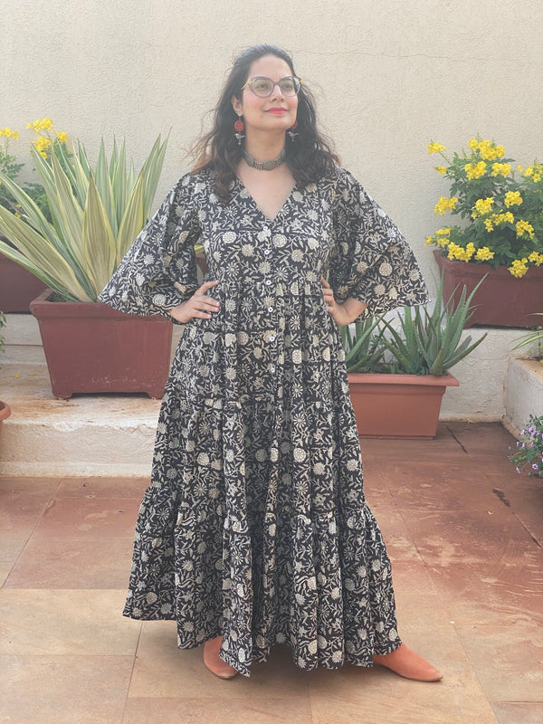 Black Floral Motif Hand-Block Tiered Dress
