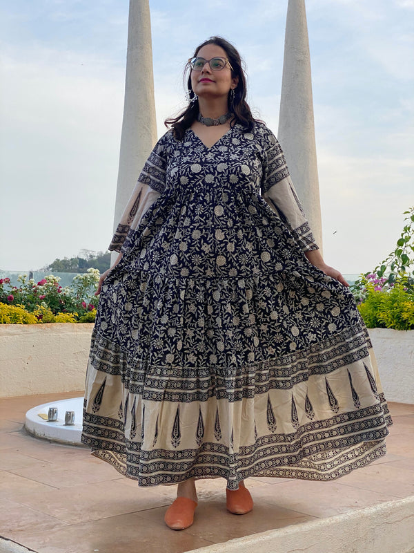 Black Floral Bordered Hand-Block Tiered Dress