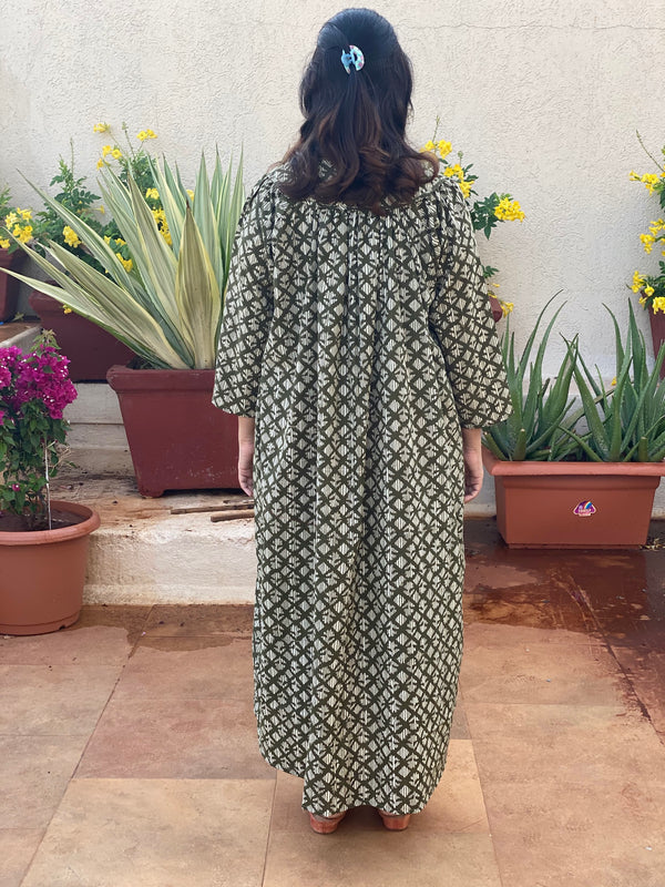 Green Diamond Motif Hand Block Organic Cotton Night gown