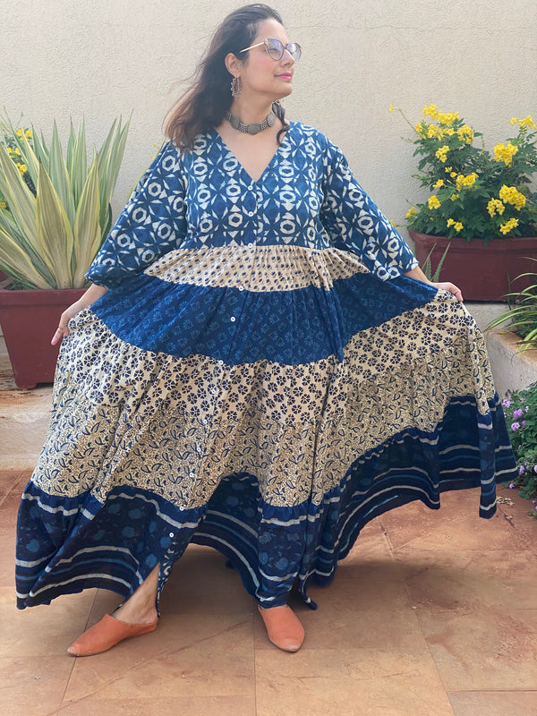 Indigo Blue and Ivory Mix 5 Tiered Dress in Hand-Block Print