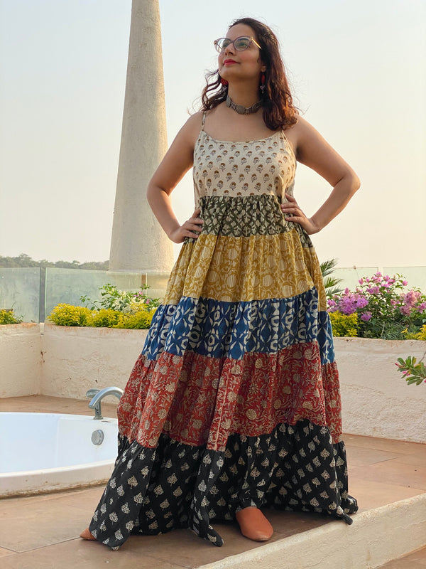 Mixed Colors Hand Block Printed 5 Tiered Spaghetti Dress