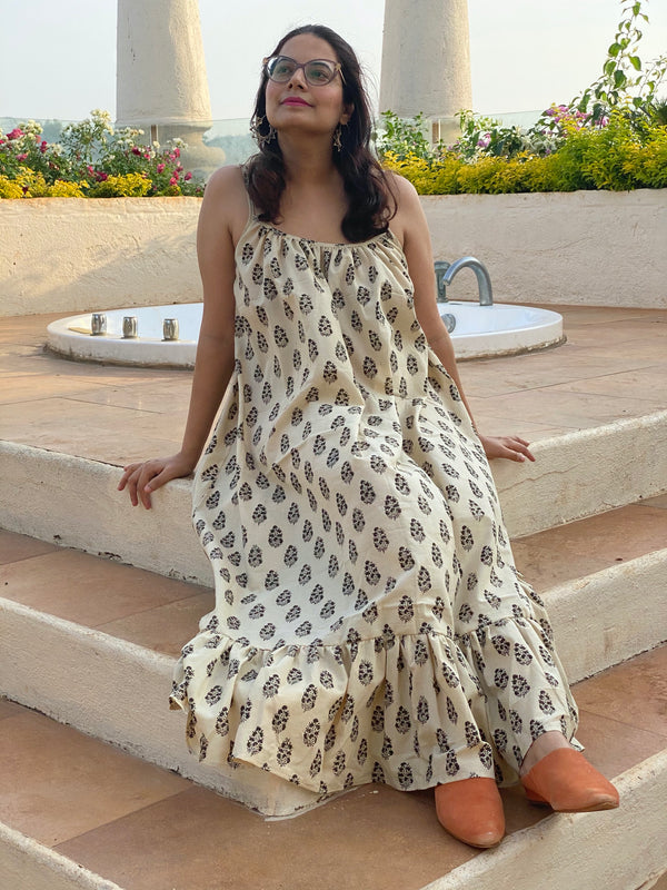 Ivory Black Floral Motif Hand Block Printed Organic Cotton Spaghetti Night gown