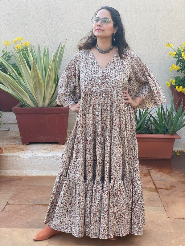 Ivory Red Tiny Leafy Motif Hand-Block Tiered Dress