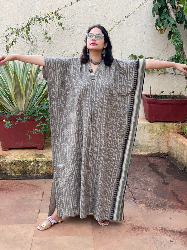Gray Geometric Motif Bordered Hand Block Printed Caftan with V-Neck, Cinched Waist and Available in both Knee and Ankle Length