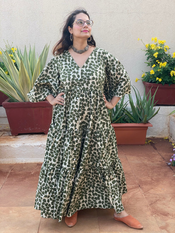 Ivory Green Leafy Motif Hand-Block Printed Front Buttoned Tiered Dress