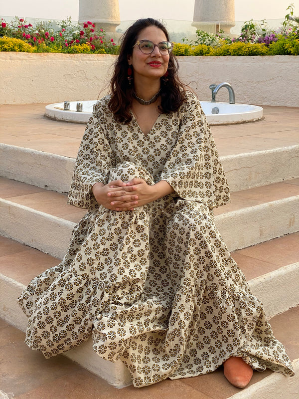 Ivory Mustard Floral Motif Hand-Block Printed Tiered Dress