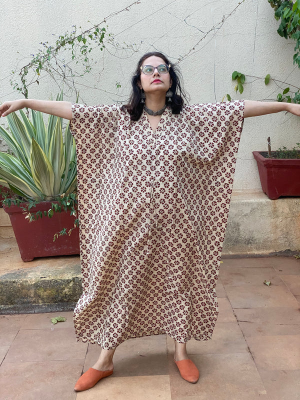 Ivory Red Floral Motif Hand Block Printed Caftan with V-Neck, Cinched Waist and Available in both Knee and Ankle Length