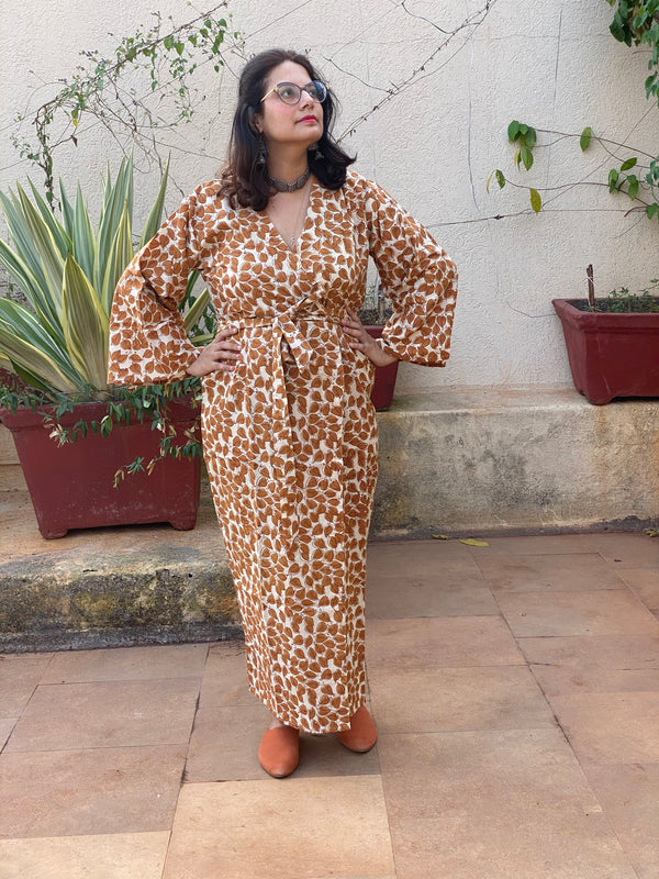Mustard Leafy Motif Hand-Block Printed Kimono Robe | Available in both Knee and Ankle Length