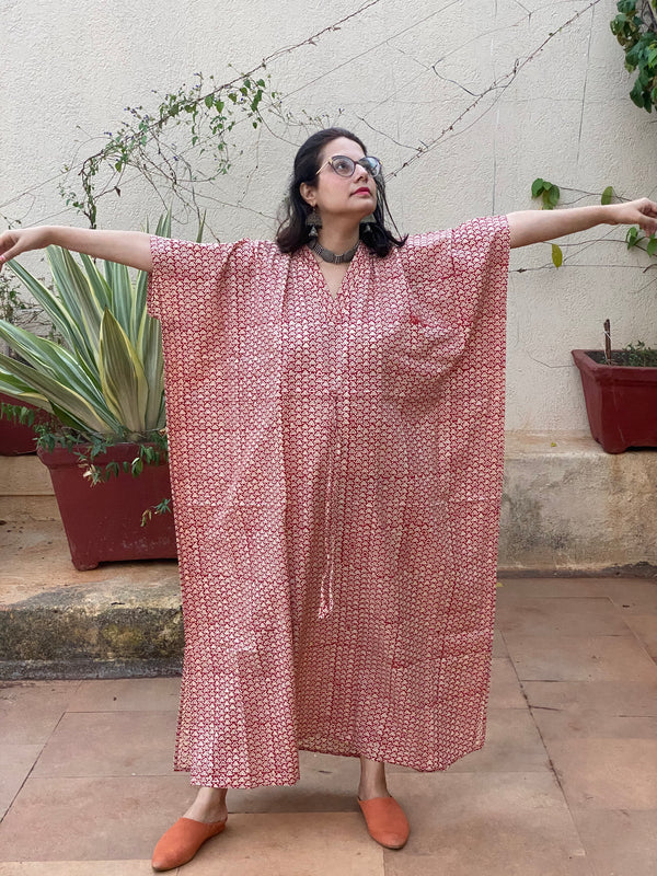 Red Triangle Motif Bordered Hand Block Printed Caftan with V-Neck, Cinched Waist and Available in both Knee and Ankle Length