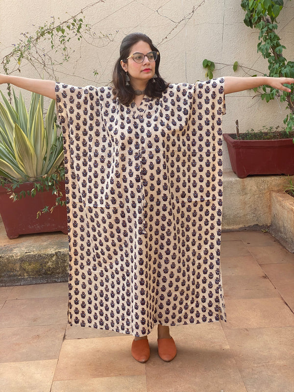 Ivory Blue Paisley Motif Hand Block Printed Caftan with V-Neck, Cinched Waist and Available in both Knee and Ankle Length