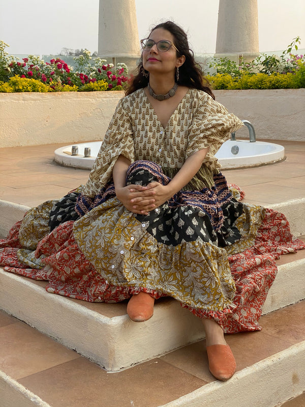 Mixed Colors Hand Block Printed Front Buttoned 5 Tiered Dress