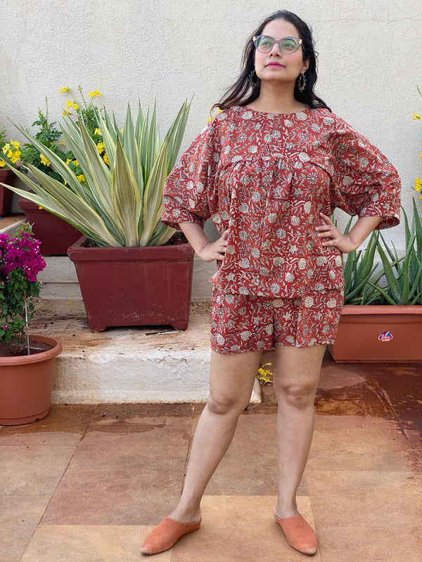 Red Floral Motif Hand Block Printed Pjs | Organic Cotton Pajama Set | Available in both shorts and pants style