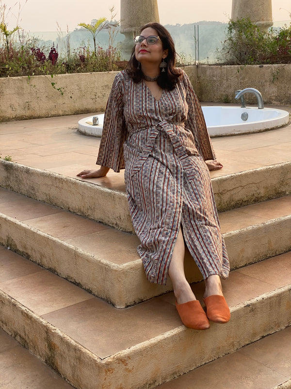 Blue Red Geometric Motif Hand Block Printed Kimono Robe | Available in both Knee and Ankle Length