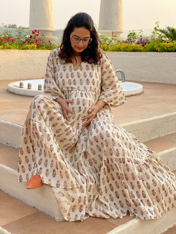 Ivory Paisley Motif Hand-Block Tiered Maternity Dress