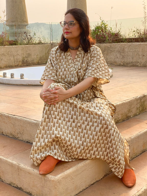 Ivory Mustard Tiny Tree Motif Hand Block Printed Caftan with V-Neck, Cinched Waist and Available in both Knee and Ankle Length