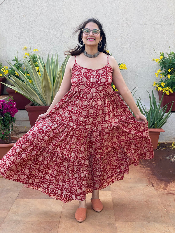 Spaghetti Red Lotus Motif Hand-Block Printed Tiered Dress