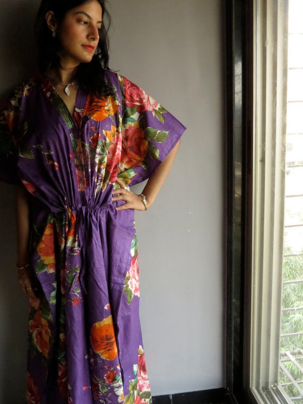 Purple Multicolor Big Flower V-Neck Button Down to Waist, Ankle Length, Cinched Waist Caftan-D7 fabric Code