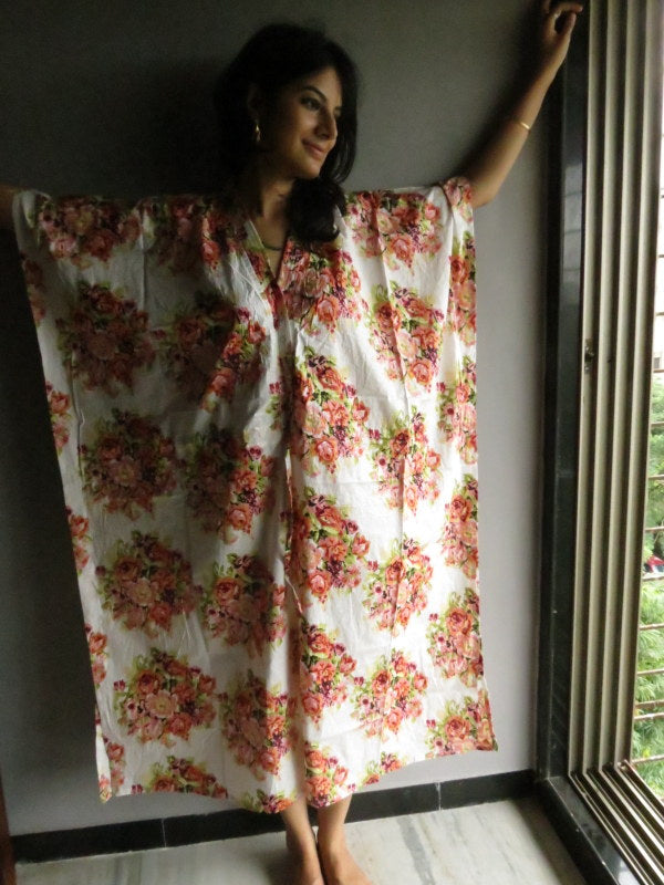 White Floral Posy V-Neck Button Down to Waist, Ankle Length, Cinched Waist Caftan-C7 fabric Code