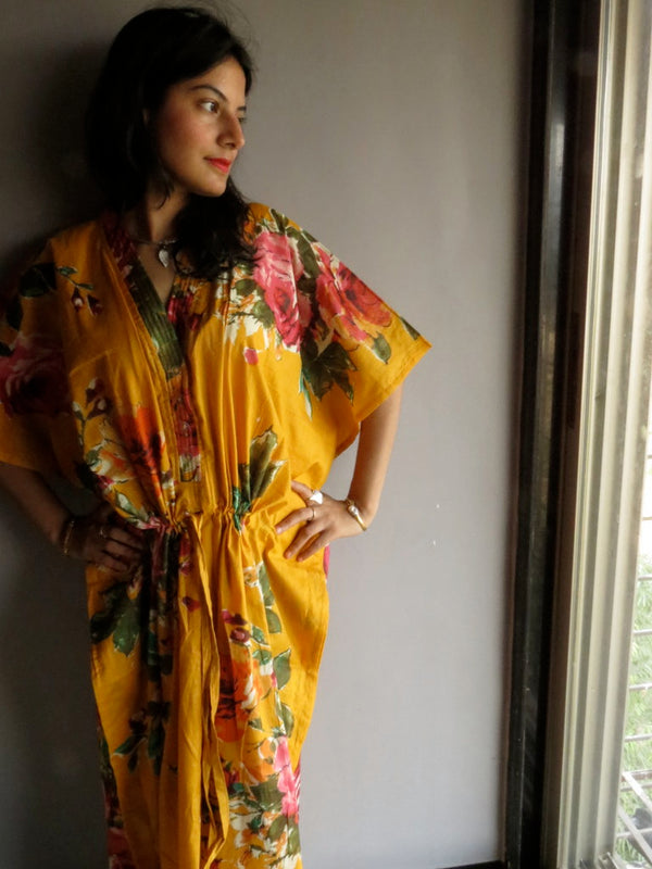 Yellow Large Floral Blossom V-Neck Button Down to Waist, Ankle Length, Cinched Waist Caftan