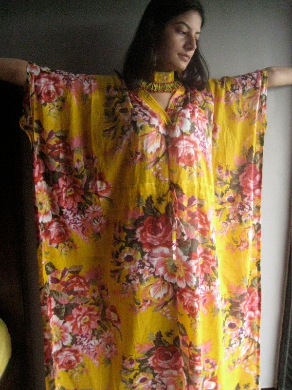 Yellow Floral Rosy Red Posy V-Neck, Ankle Length, Cinched Waist Caftan