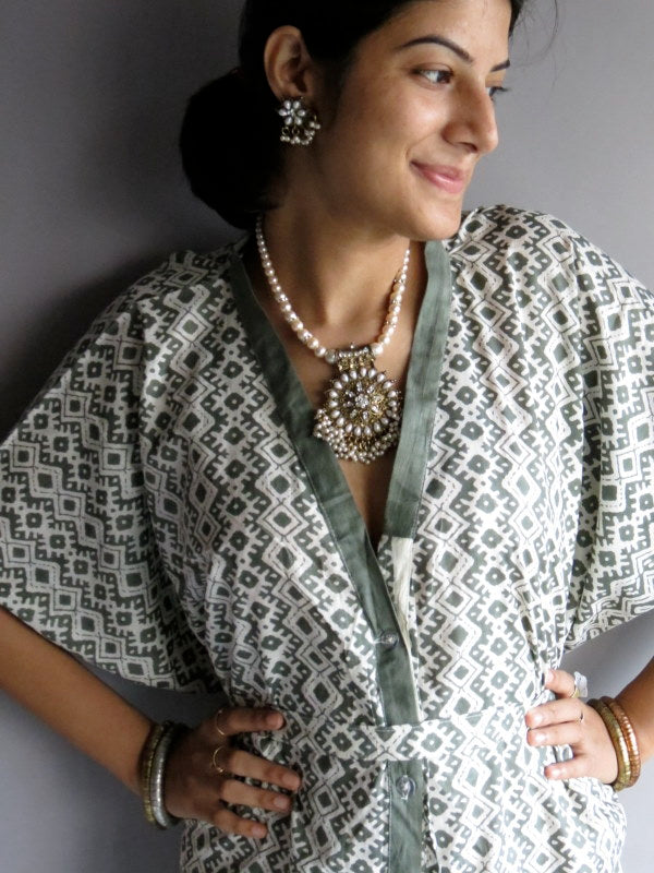 Military Green Chevron Geometric V-Neck Full Button Down, Knee Length, Belted Caftan-H5 fabric Code