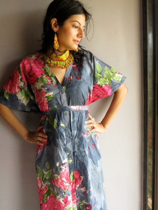 Gray Fuchsia Large Floral Blossom V-Neck Full Button Down, Ankle Length, Belted Caftan