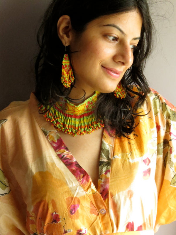 Light Peach Multicolor Big Flower V-Neck Button Down to Waist, Knee Length, Cinched Waist Caftan