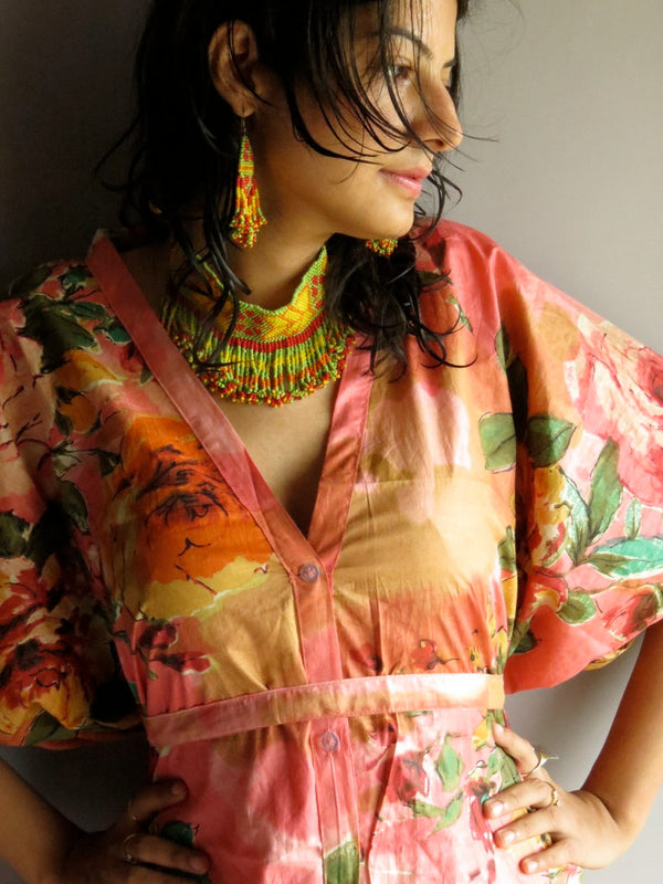 Coral Multicolor Big Flower V-Neck Button Down to Waist, Knee Length, Cinched Waist Caftan