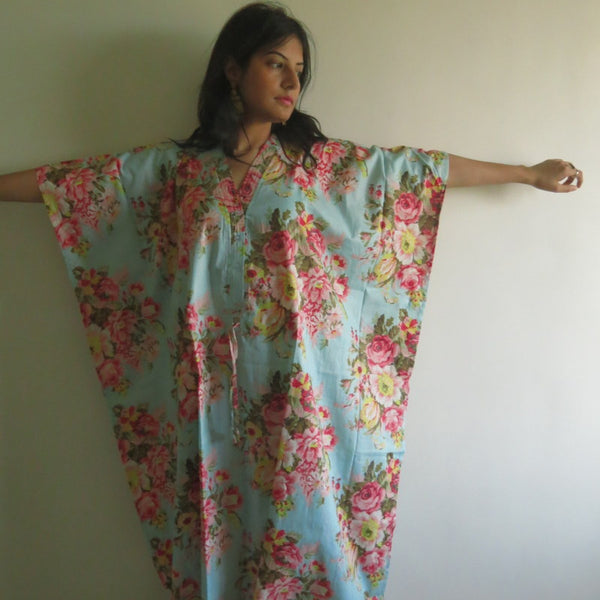 Light Blue Floral Rosy Red Posy V-Neck Button Down to Waist, Ankle Length, Cinched Waist Caftan