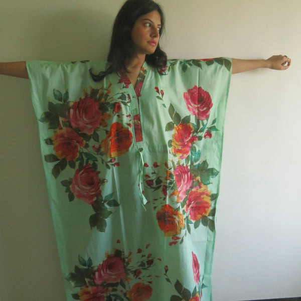 Mint Big Floral V-Neck Button Down to Waist, Ankle Length, Cinched Waist Caftan