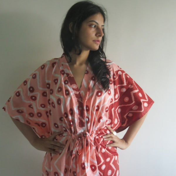 Peach Chevron Dots V-Neck Button Down to Waist, Knee Length, Cinched Waist Caftan