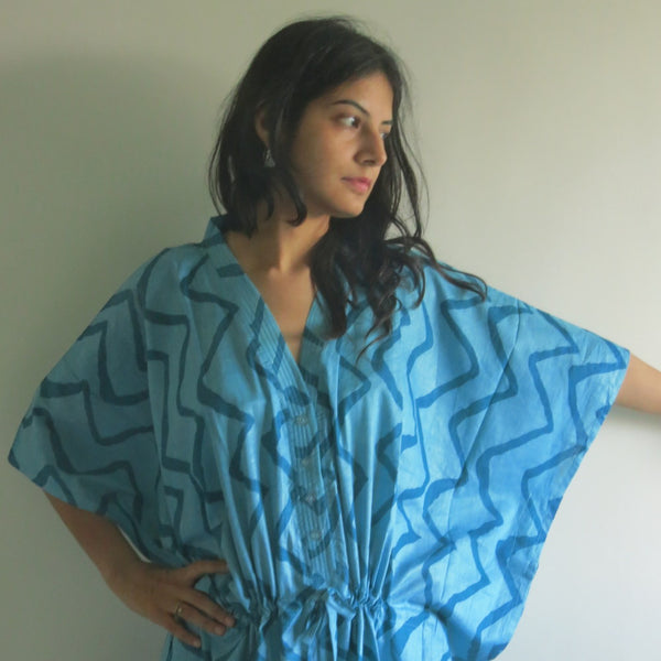 Teal Chevron V-Neck Button Down to Waist, Ankle Length, Cinched Waist Caftan